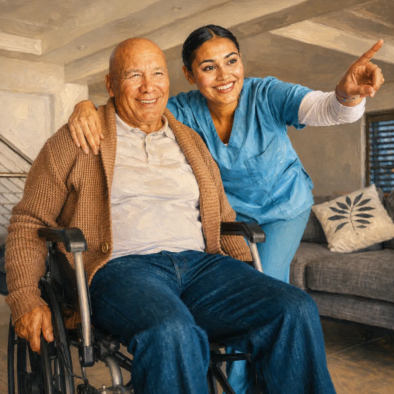 Caregiver with an elderly client in a wheelchair