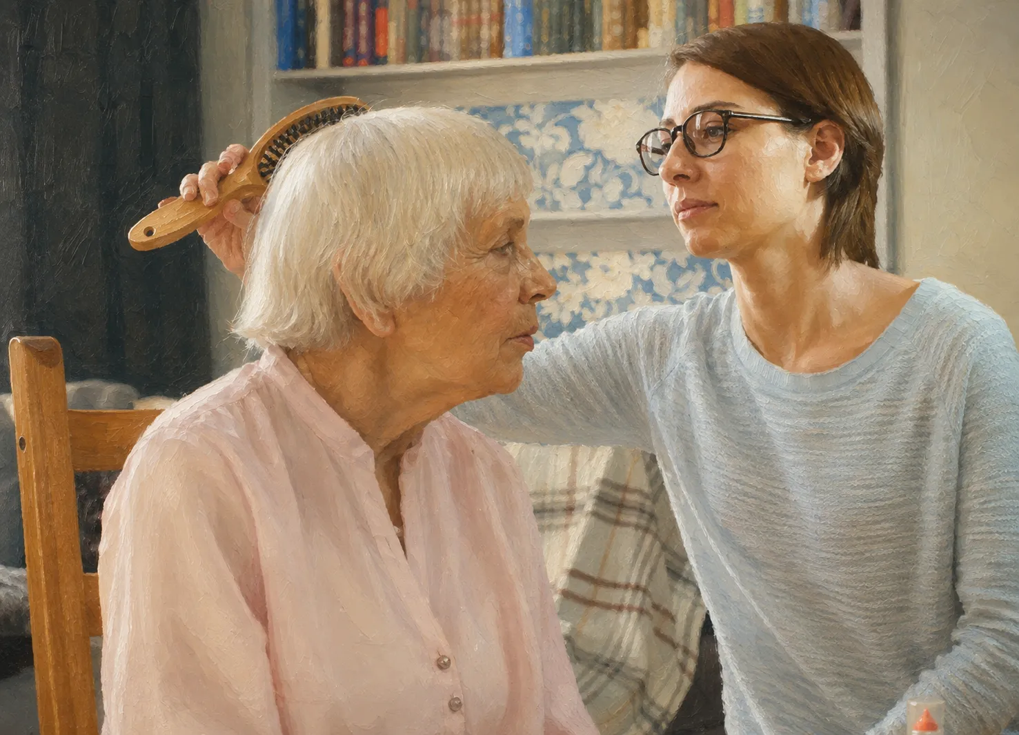 Caregiver brushing an elderly client's hair
