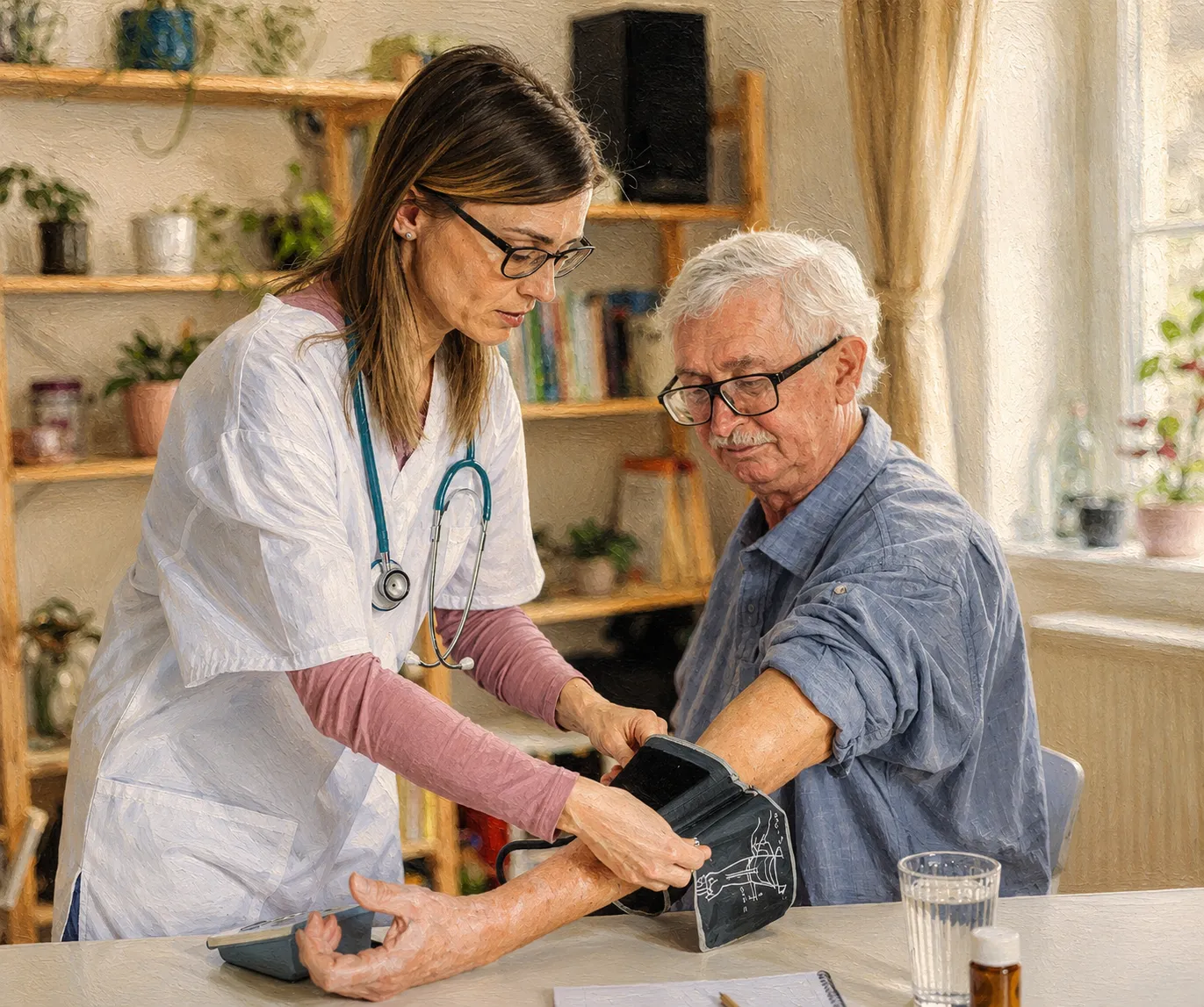 Nurse taking an elderly client's blood pressure