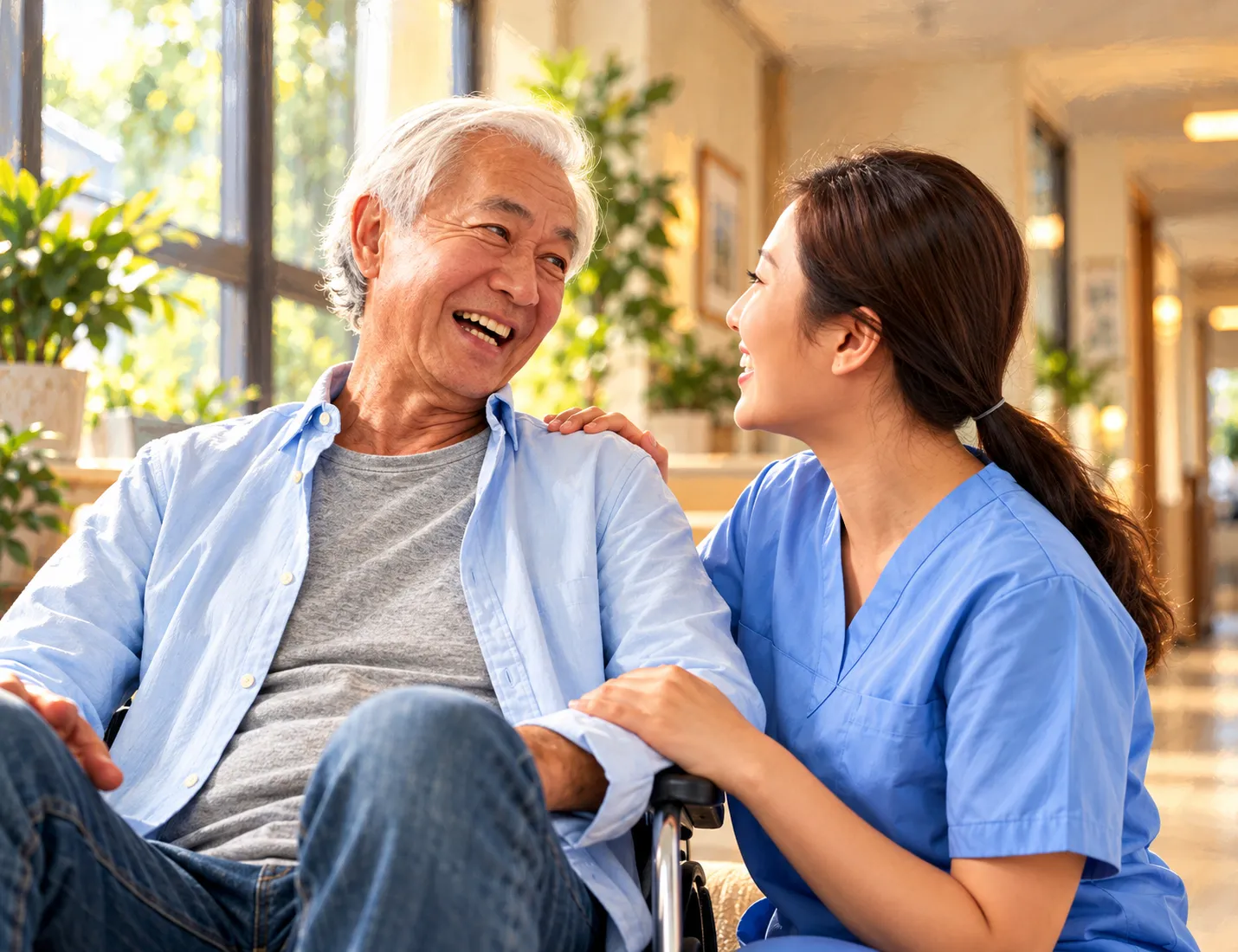 Caregiver sitting with an elderly man in a wheelchair