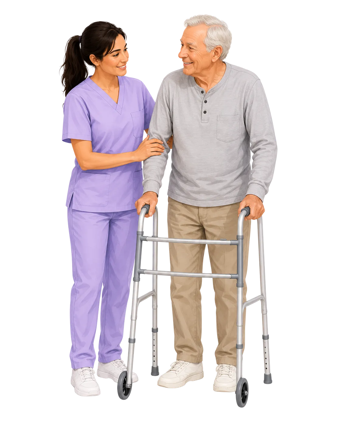 Caregiver helping an elderly client walk with a walker