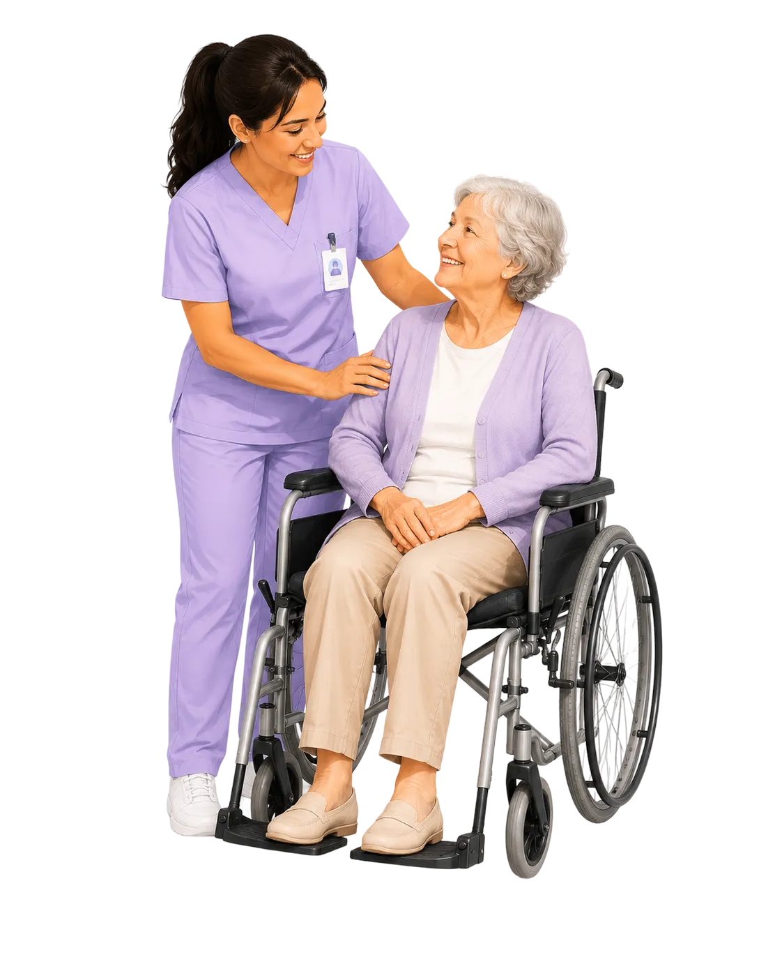 Caregiver supporting an elderly client in a wheelchair