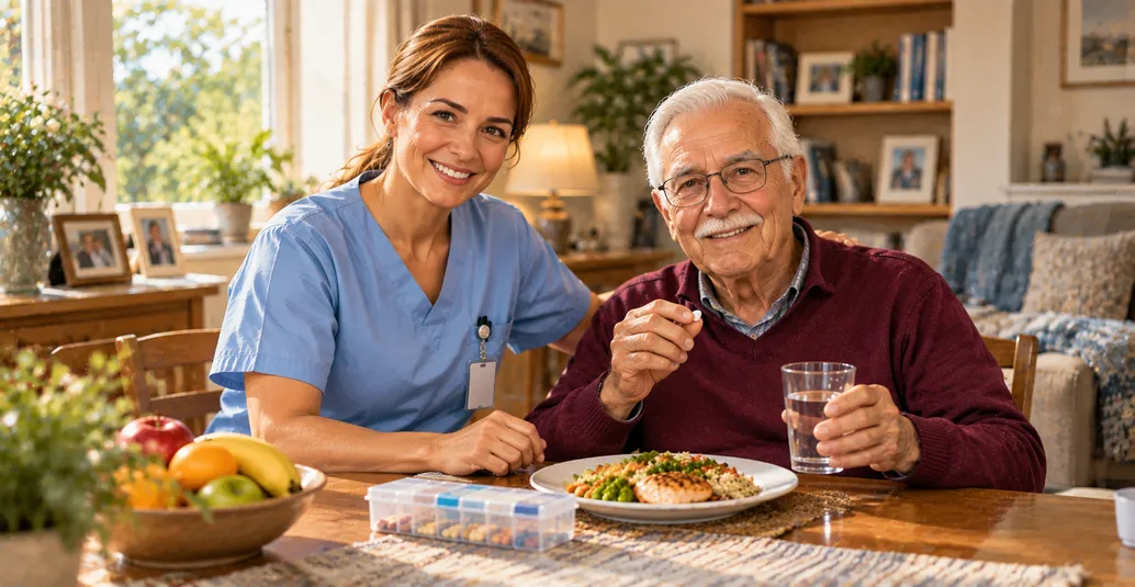 Caregiver helping an aging parent with medication at home
