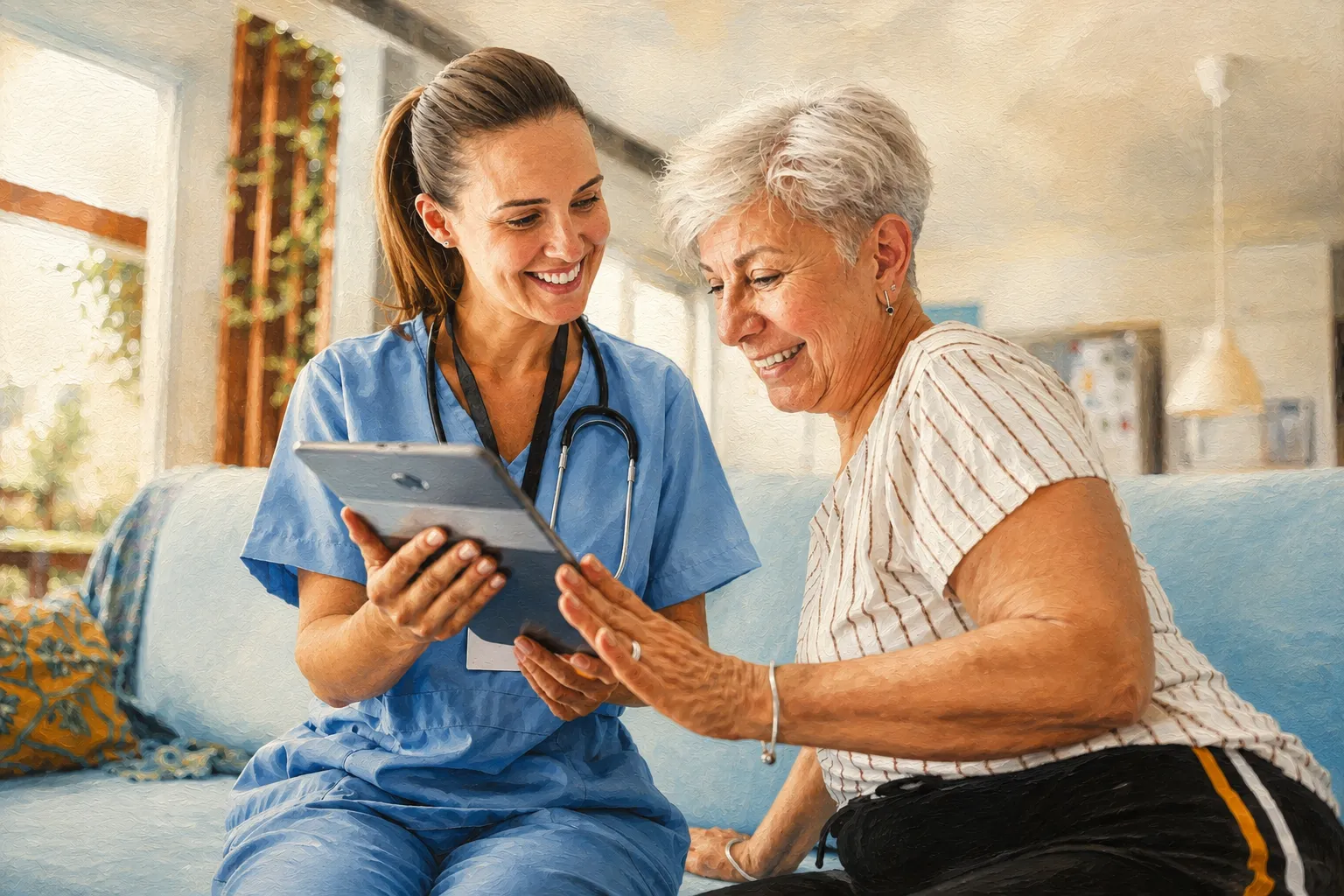 Home health caregiver reviewing a tablet with an elderly client
