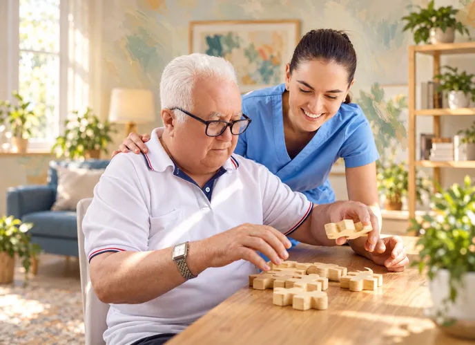 Caregiver helping a senior with a wooden puzzle
