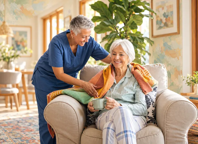 Caregiver wrapping a blanket around a senior holding tea