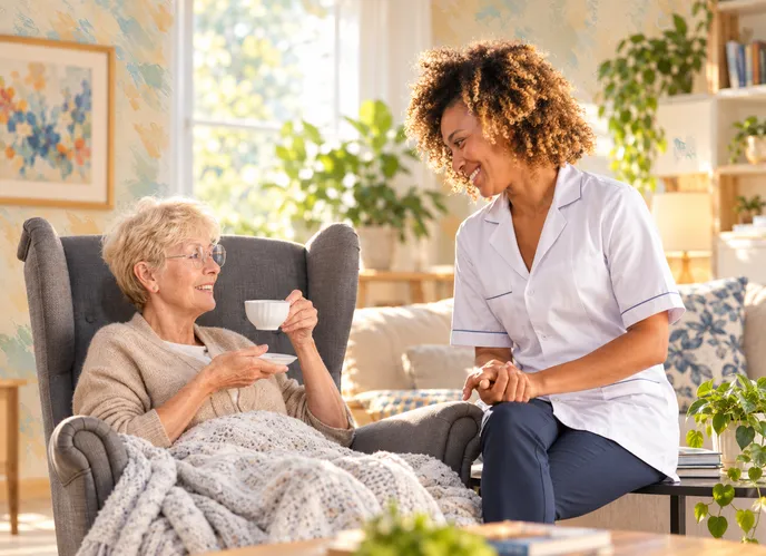 Caregiver sitting with a senior who is having tea