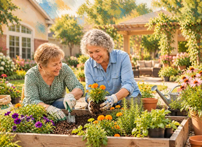 Two seniors planting flowers together in a garden