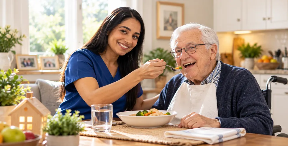 Caregiver serving tea to an elderly client at home
