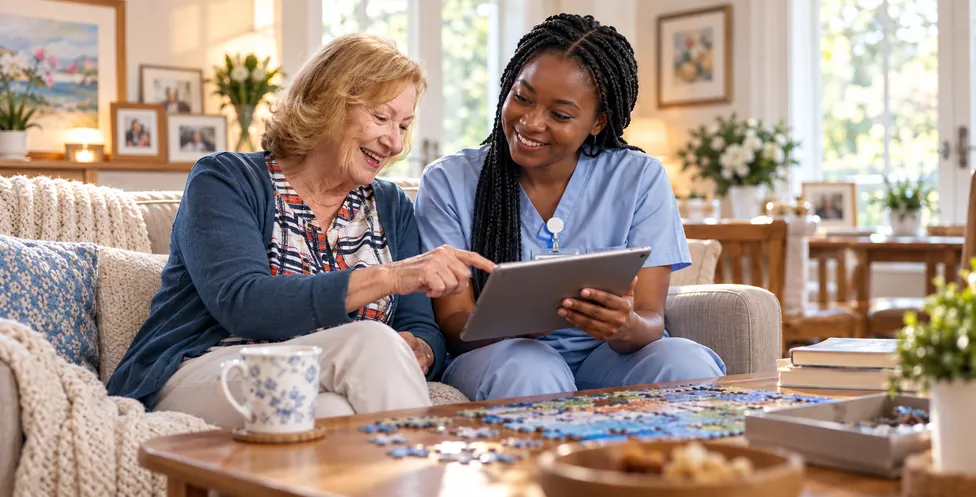 Three women looking at a phone together at home
