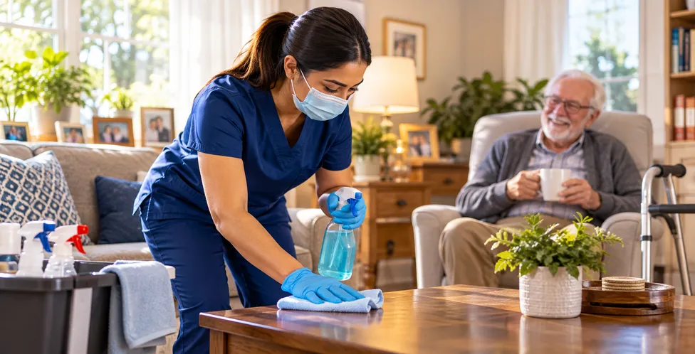 Caregiver wiping a kitchen table