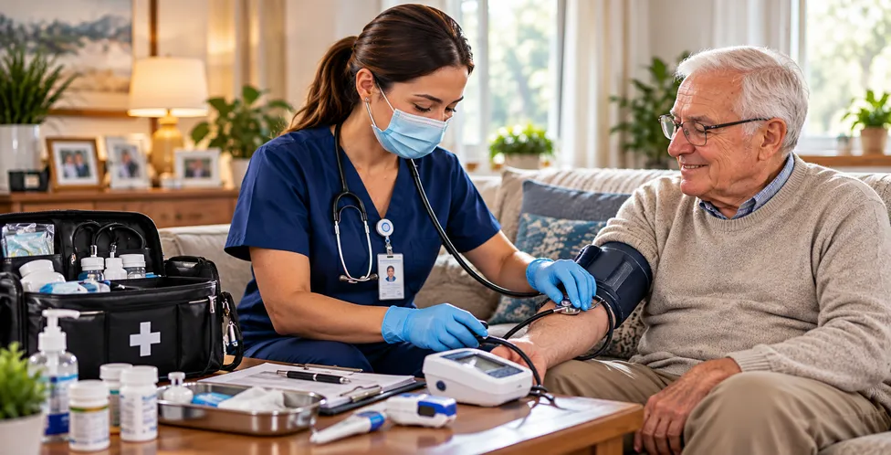 Nurse standing with an elderly client