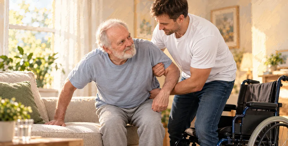 Caregiver helping an adult client at home