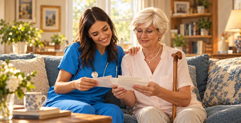 Caregiver staying with a senior in their home