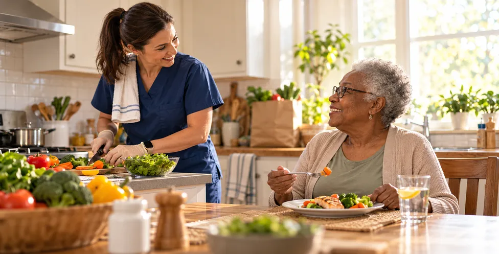 Caregiver preparing a meal with a senior at home