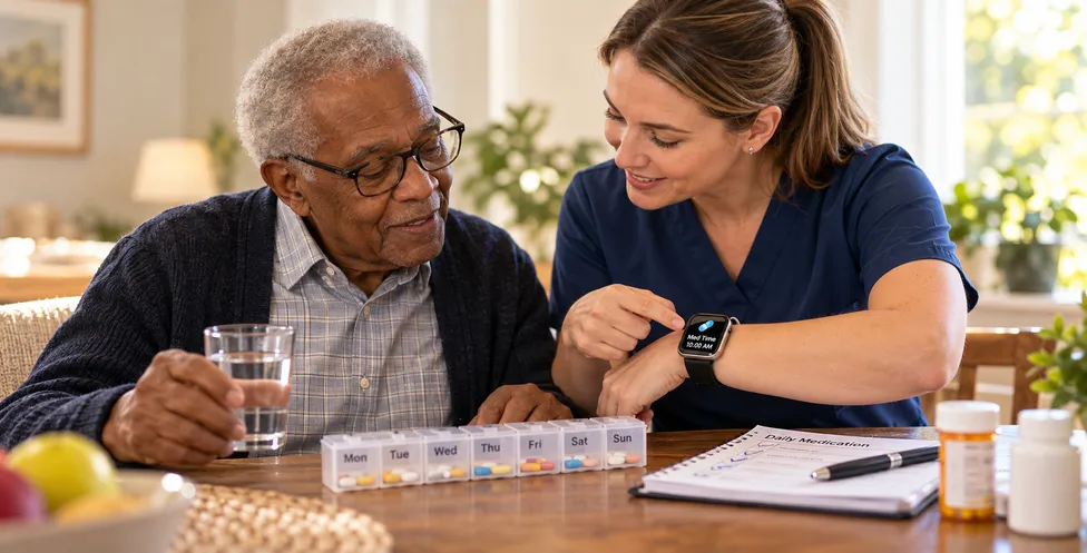 Caregiver organizing medication with a senior at home