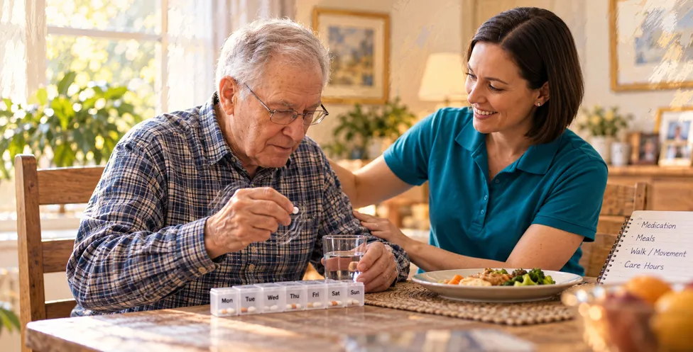 Caregiver supporting a client with Parkinson's at home