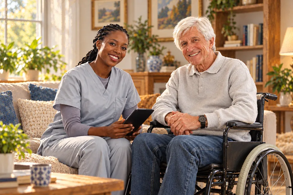Caregiver spending time with a senior at home