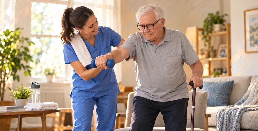 Caregiver helping a stroke survivor with daily tasks at home