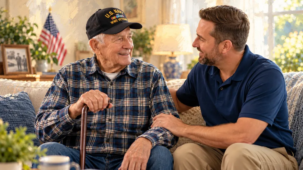 Caregiver assisting an older veteran at home